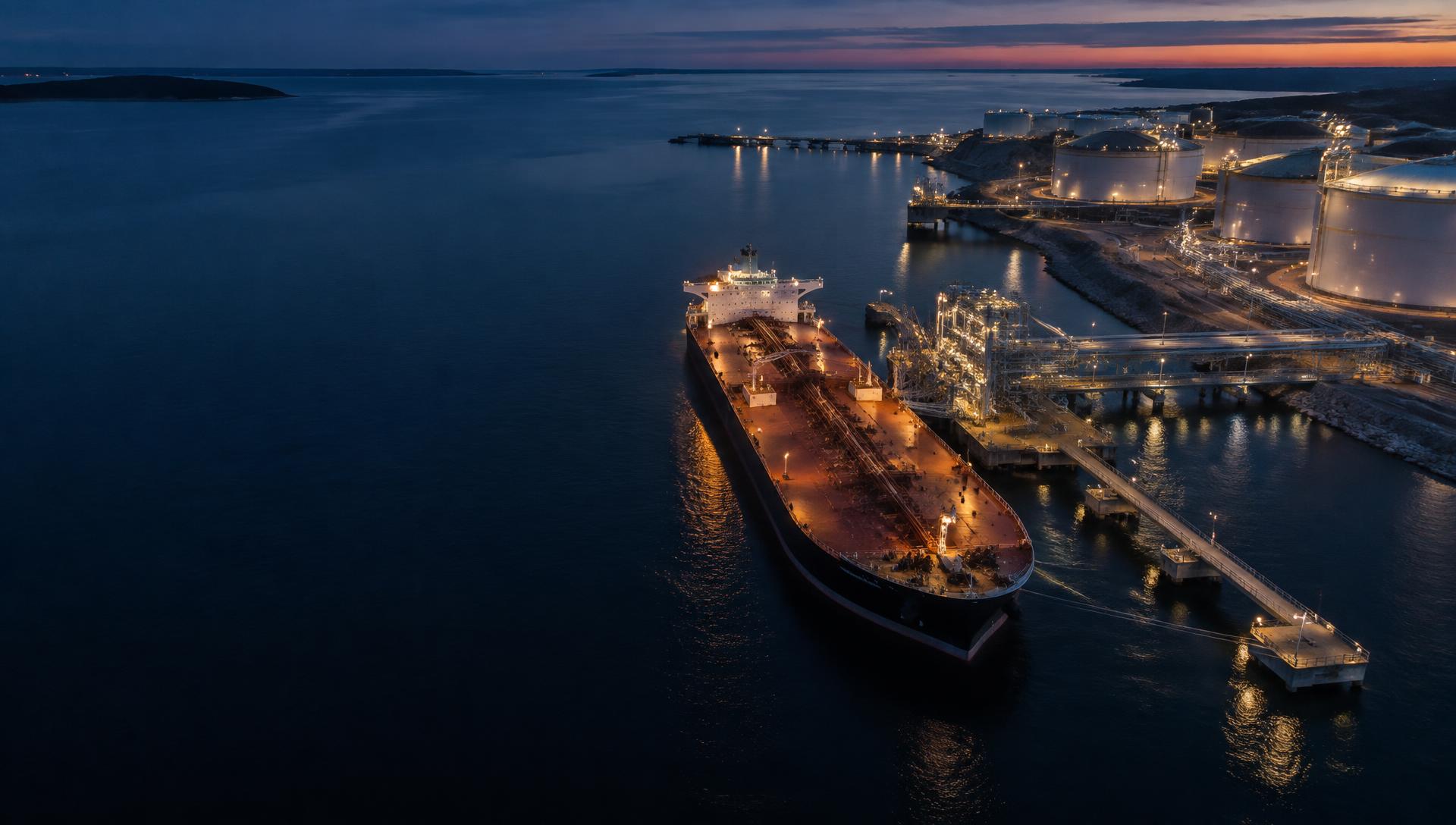 Crude oil tanker alongside a coastal energy terminal